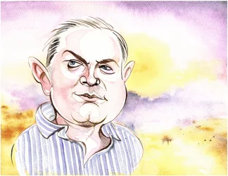 George Benjamin (caricatura con paisaje de fondo, una referencia a At First Light, obra orquestal de Benjamin de 1982)